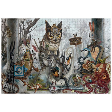 Greg “CRAOLA” Simkins Let the Outside In 1000-Piece Jigsaw Puzzle featuring whimsical animals and an owl with a clock on its head.