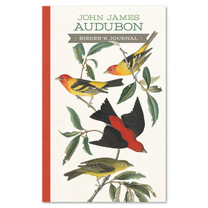 John James Audubon Birder’s Journal featuring a cover with birds on a branch, perfect for documenting bird sightings and observations with detailed instructions and activities.