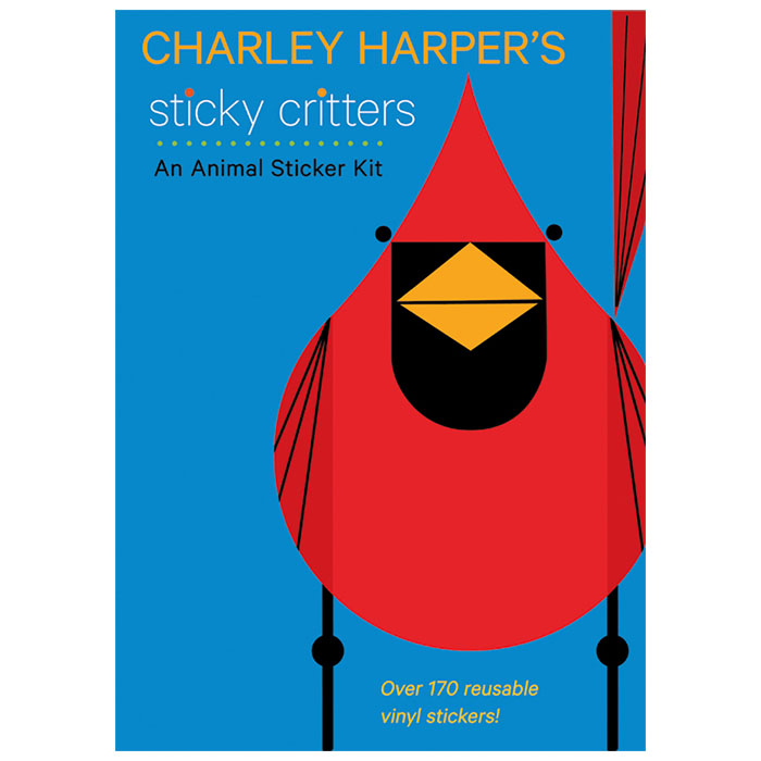 Charley Harper’s Sticky Critters: An Animal Sticker Kit featuring a book cover with a red bird illustration.