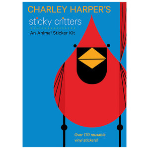 Charley Harper’s Sticky Critters: An Animal Sticker Kit featuring a book cover with a red bird illustration.