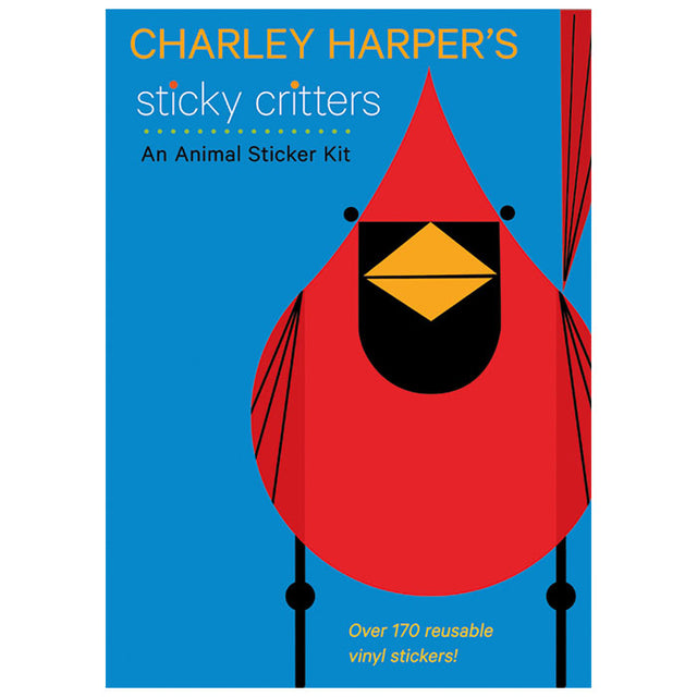 Charley Harper’s Sticky Critters: An Animal Sticker Kit featuring a book cover with a red bird illustration.