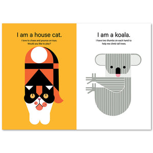 Charley Harper’s Sticky Critters: An Animal Sticker Kit featuring two illustrated cards with a cat and a koala, ideal for creative sticker activities with kids and family.