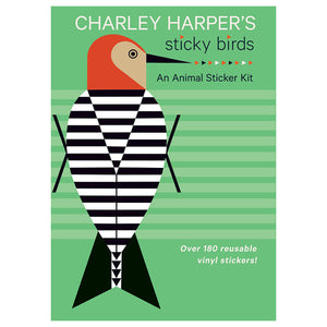 Charley Harper’s Sticky Birds: An Animal Sticker Kit featuring a booklet with bird illustrations and a reusable play-area board with over 180 vinyl stickers for creative fun.