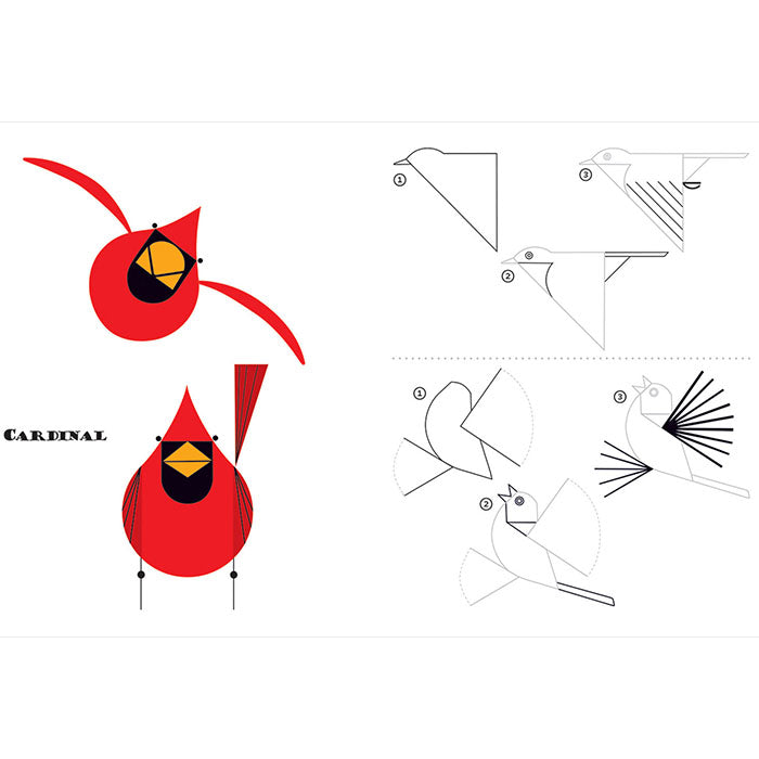 Charley Harper Sketchbook: How to Draw 28 Birds in Harper's Style, featuring a detailed drawing of a red bird with a yellow beak.