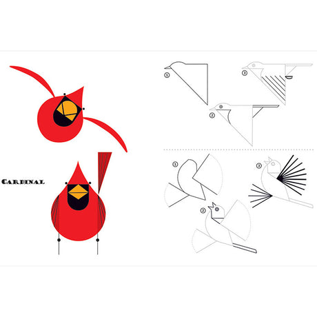 Charley Harper Sketchbook: How to Draw 28 Birds in Harper's Style, featuring a detailed drawing of a red bird with a yellow beak.