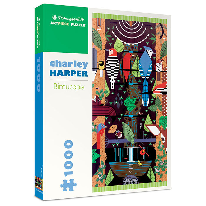 Charley Harper Birducopia 1000-piece Jigsaw Puzzle featuring diverse local wildlife in a vibrant, detailed scene. Perfect for family and friends.