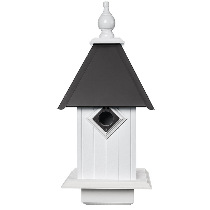 All American Blue Bird House with a black roof, featuring a 1-1/2 inch entry hole with predator guard, made of maintenance-free premium PVC for long-lasting outdoor use.