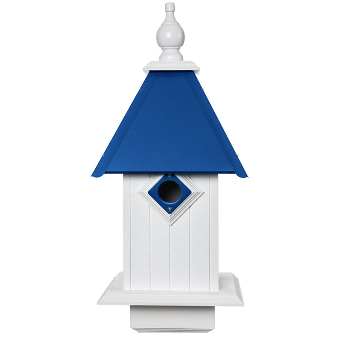 All American Bluebird House with a sturdy, rot-resistant PVC body and easy-to-remove cobalt blue roof for simple cleanout.