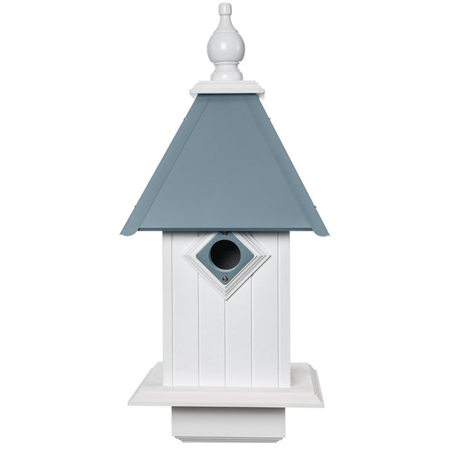 All American Bluebird House with a light blue roof, featuring a 1-1/2 inch entrance hole and predator guard, made from maintenance-free PVC for durable outdoor use.