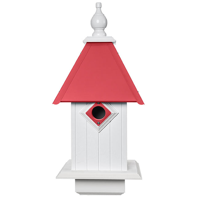 All American Bluebird House, Merlot, featuring a red roof, PVC construction, and 1-1/2 inch entrance hole with predator guard. Roof lifts off for easy cleaning.