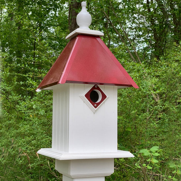 All American Blue Bird House, Merlot with white body, red roof, and 1-1/2 inch entrance hole. Durable PVC construction with removable roof for easy cleaning.