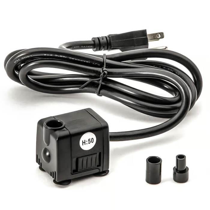 ViaAqua Mag Drive Pump - 90 GPH, featuring a black power cord, black box, and suction cup bottom with two adaptors for flow control.