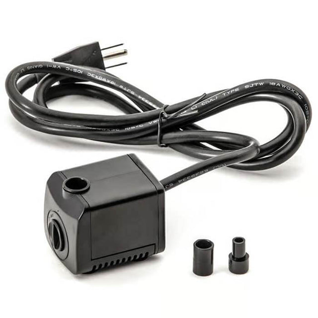 120 GPH Replacement Mag Drive Pump for Waterfall Rocks, featuring a black electrical device with a wire and adaptors, ideal for energy-efficient and quiet operation.