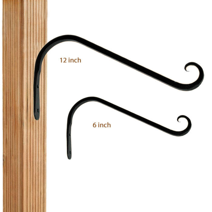 Upturn Curved Angled Hanger for lightweight plants, bird feeders, and chimes. Black powder-coated wrought iron, available in 6 or 12 inches.