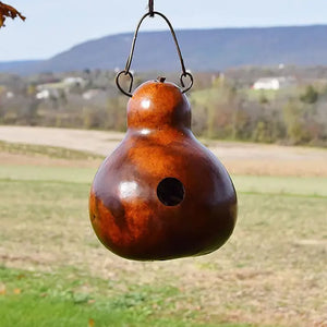 Cabin Gourd Birdhouse, Choose from 4 Colors, hanging outdoors, showcasing its natural handcrafted gourd structure with an entry hole, ready to attract birds.