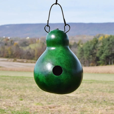 Cabin Gourd Birdhouse, Choose from 4 Colors – A handcrafted green gourd birdhouse with a 1-1/8 inch entry hole, ready to hang outdoors.