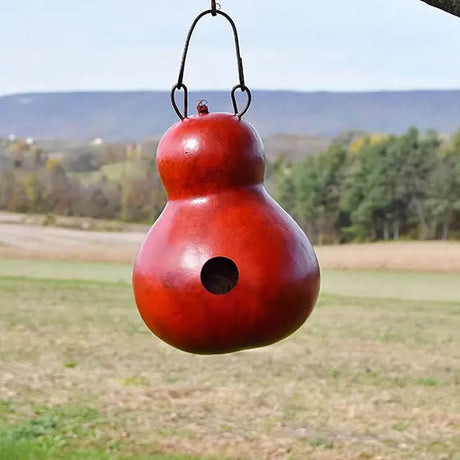 Cabin Gourd Birdhouse in red, hanging from a tree, handcrafted from natural gourds with a 1-1/8 inch entry hole.