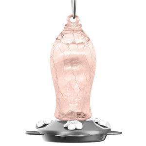 Artisan Gravity Hummingbird Feeder, Blush Crackle, features a crackle-designed glass body with four white flower-shaped feeding ports and pewter colored base.