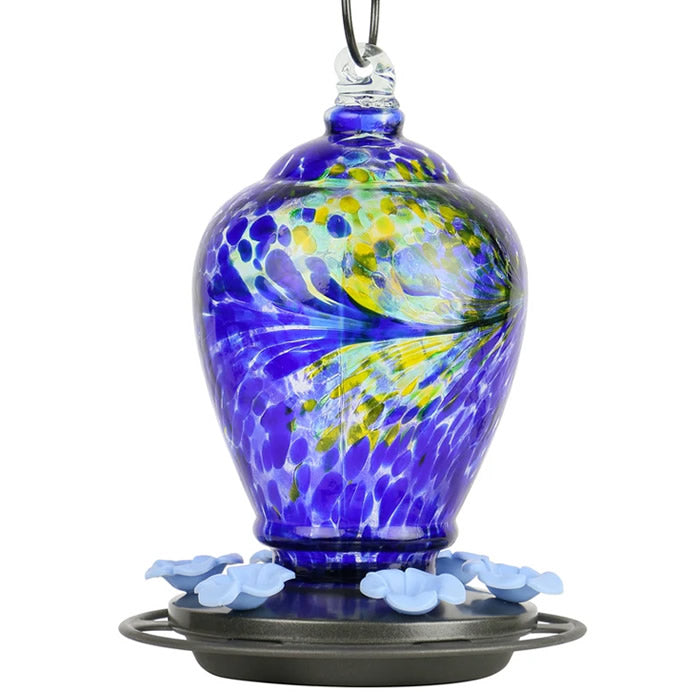 Artisan Gravity Hummingbird Feeder, Spring Rain: A blue and yellow hand-blown glass feeder with six lifelike flower ports and a built-in circular perch.