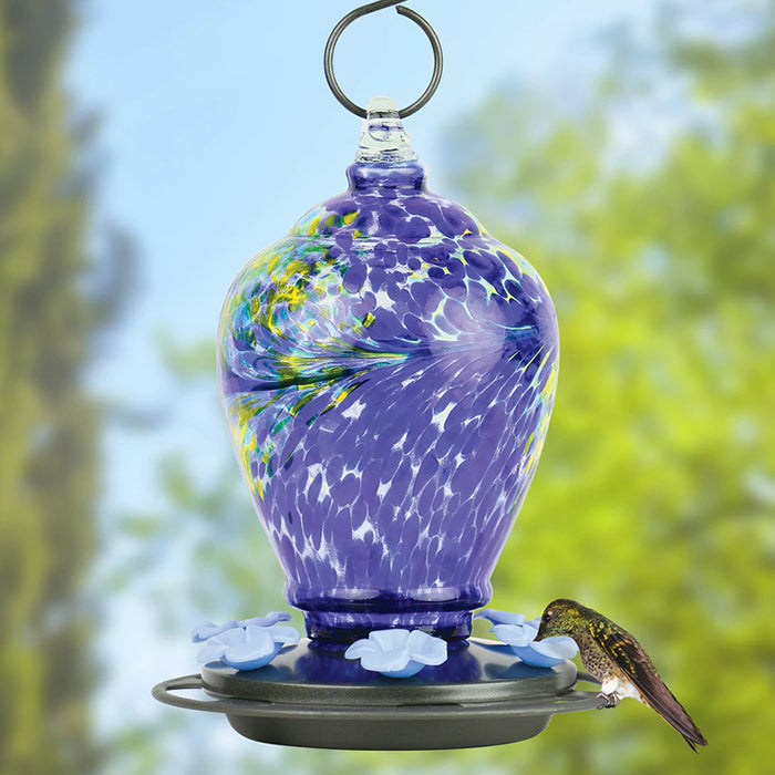 Artisan Gravity Hummingbird Feeder, Spring Rain, with thick, hand-blown glass, six flower ports, and circular perch for comfortable feeding.