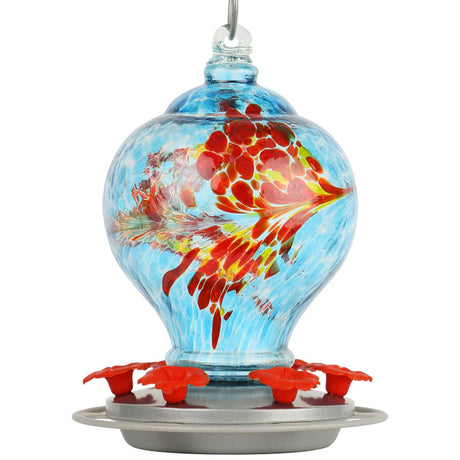 Artisan Gravity Hummingbird Feeder, Sunny Day, features blown glass with a unique pattern, built-in perch, and six lifelike flower ports for comfortable feeding.