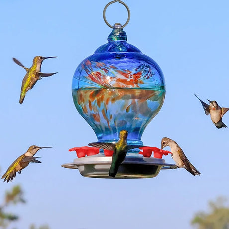 Artisan Gravity Hummingbird Feeder, Sunny Day, with six lifelike flower ports, circular perch, and thick, patterned glass, attracting hummingbirds to feed comfortably.