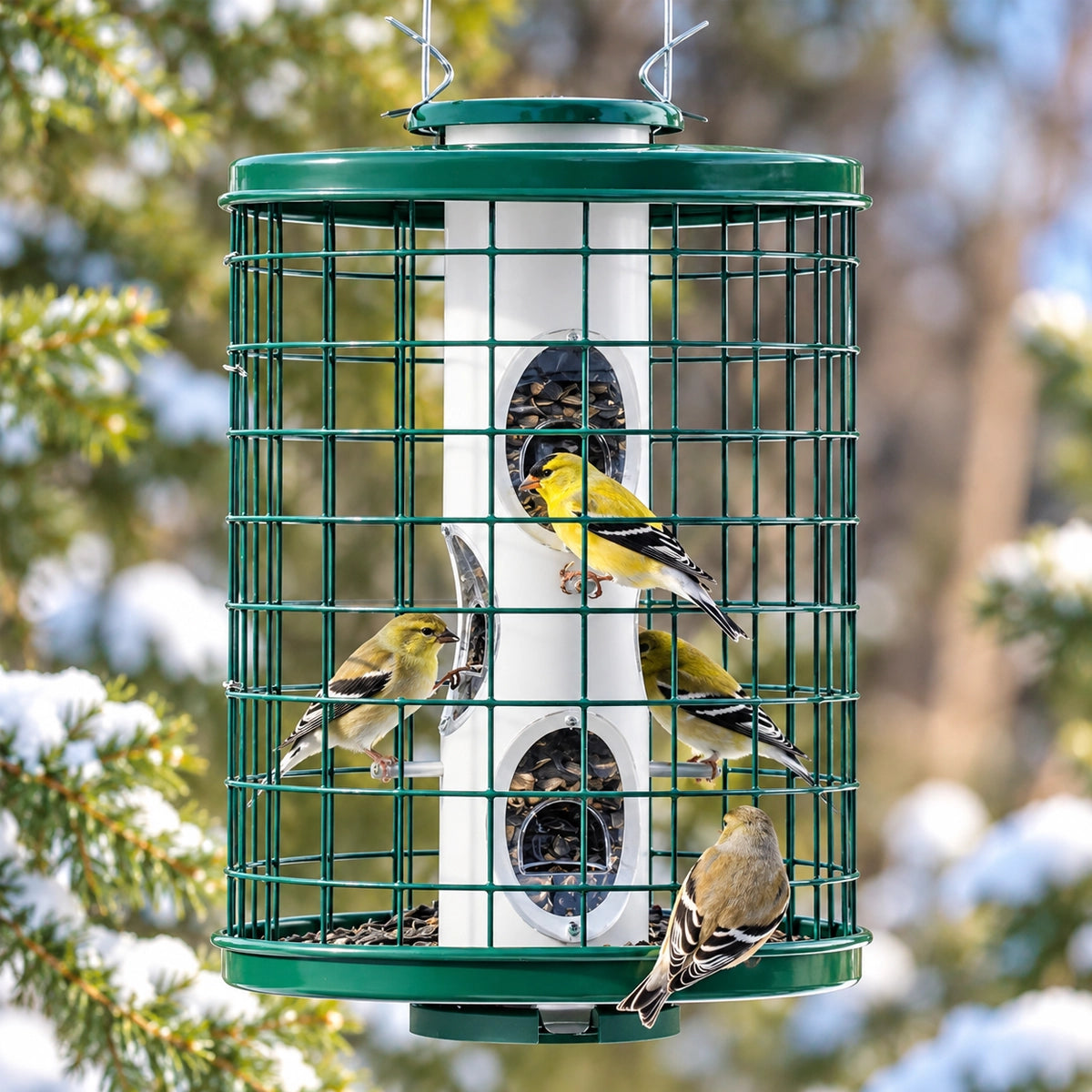 Heavy-Duty Mixed Seed bird feeder with a protective metal cage, allowing birds to feed safely while deterring squirrels, featuring six clear feeding ports and a sturdy seed tray.