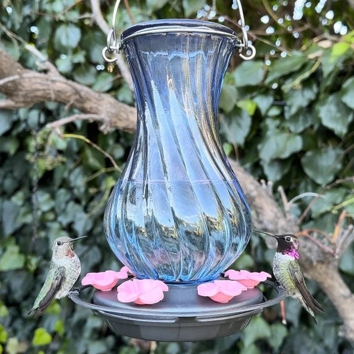 Perfect Pitcher Antique Glass Gravity Hummingbird Feeder with two hummingbirds perched on it, showcasing its textured glass and bee-resistant flower ports.