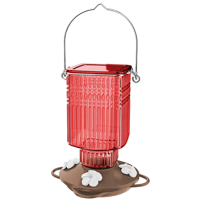 Crimson Carnation Antique Glass Gravity Hummingbird Feeder with red textured glass, four flower ports, perching ring, and bee-resistant design, holds 22 oz.