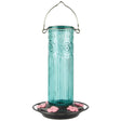 Nature's Way Antique Glass Gravity Hummingbird Feeder, featuring an aqua glass reservoir with embossed designs, six pink flower ports, and a two-part base for easy cleaning.