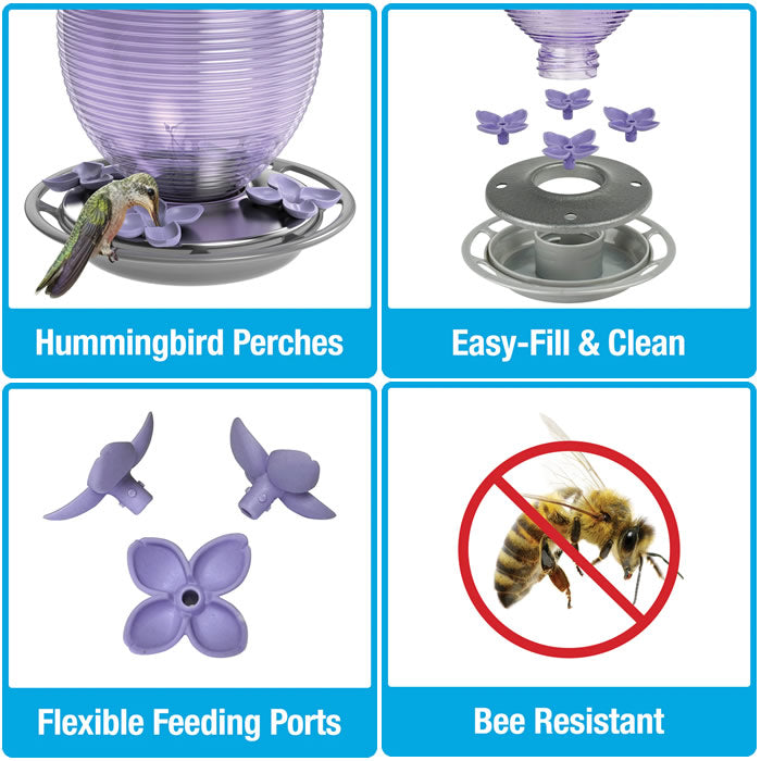 Lilac Dreams Antique Glass Gravity Hummingbird Feeder with textured glass, continuous perch ring, and flower ports for easy cleaning and bee resistance.