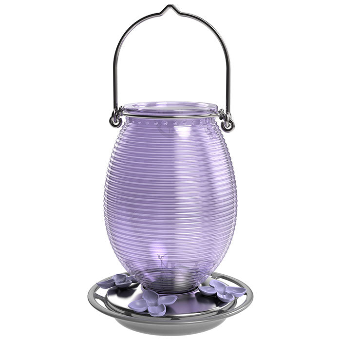 Lilac Dreams Antique Glass Gravity Hummingbird Feeder with textured glass, removable flower ports, and continuous perch ring for easy cleaning and bee resistance.