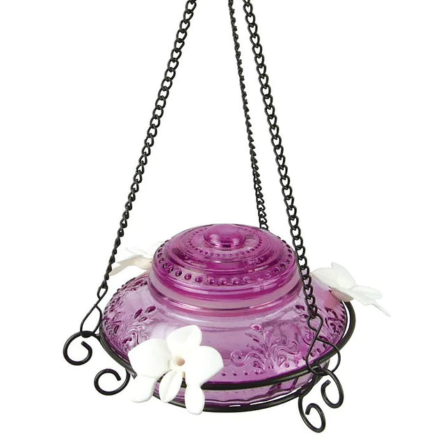 Nature's Way Antique Top-Fill Glass Hummingbird Feeder with white flower ports, decorative chain hanger, and leak-proof glass dish for easy cleaning and feeding.