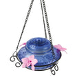 Nature's Way Illuminated Antique Top-Fill Glass Hummingbird Feeder with pink flowers, solar LED light, and three flexible flower ports for feeding.