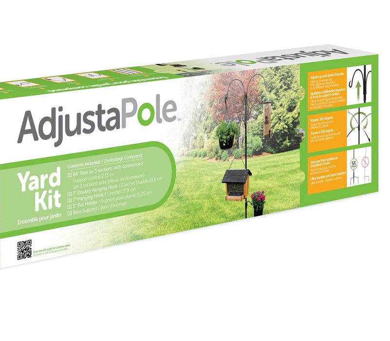 AdjustaPole Yard Kit box showcasing customizable bird feeder hangers, strong mounting collars, flower pot holder, and step-in foot stake for stability.