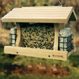 Deluxe Cedar Feeder with Suet Cages featuring a wooden roof, double suet cages, and clear panels for seed viewing. Includes cable hanger.