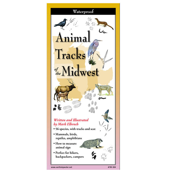 Animal Tracks of the Midwest Folding Guide showing illustrated animals, including a bird and deer, with footprints, and six fold-out panels for easy identification.