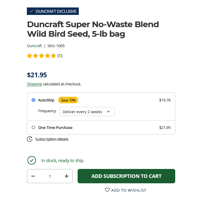 This is a screenshot of a bird seed page that has the option to join our Autoship.  It is a image of where you select to set frequency.