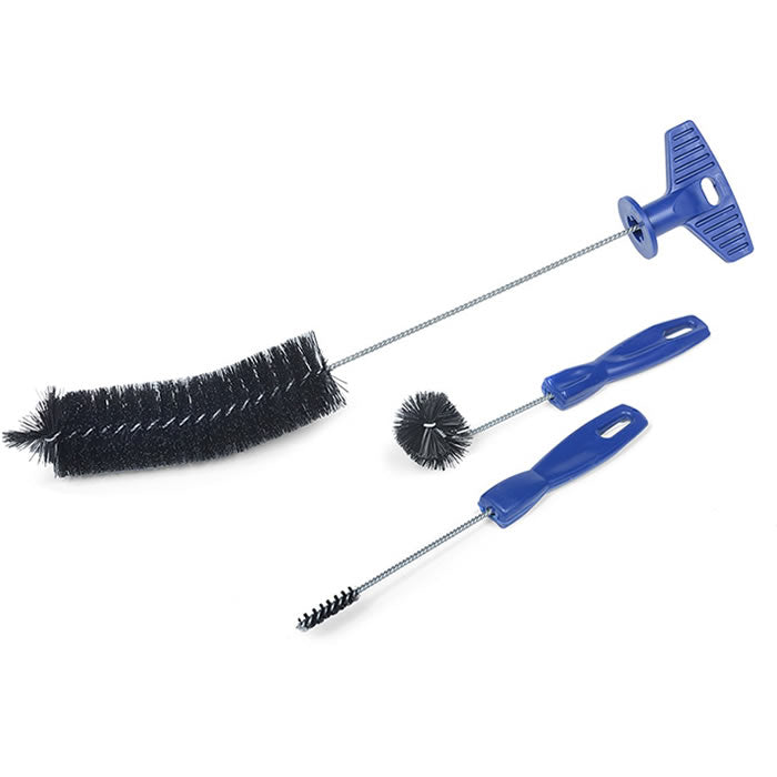 Nectar Brush Set: Three blue-handled brushes of various sizes designed for cleaning nectar feeders, with flexible bristles and hanging loops for easy storage.