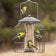 Metal Squirrel-Resistant Feeder: Yellow birds feeding from a heavy-duty metal cage with four feeding ports and fly-through openings, designed to deter larger birds and squirrels.