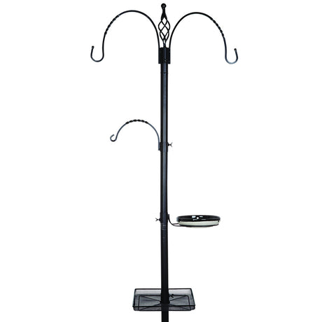 Three Hook Bird Feeding Station with adjustable hangers, ceramic birdbath, and seed tray on a black metal stand designed for easy bird viewing and maintenance.