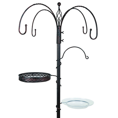 Antique Bronze Bird Feeding Station with five hangers, adjustable seed tray, and clear birdbath on an 89-inch tall sectional metal pole with decorative finial.