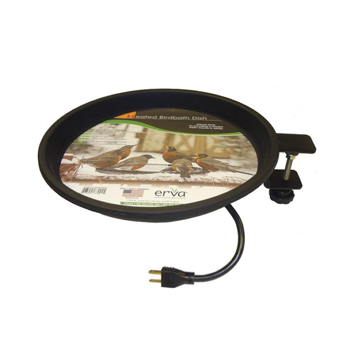 Heated Bird Bath Clamp Mount with black handle and steel support ring. Ideal for winter bird hydration, it attaches to railings and maintains unfrozen water.