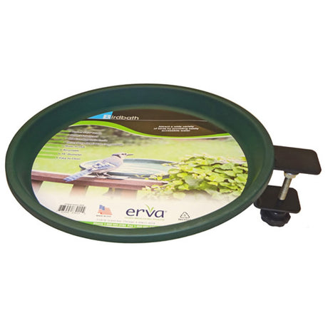 Clamp Mount Bird Bath, Green, with a round tray and a clip-on design for easy railing installation. Features a bird graphic and a black handle.