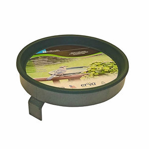 14 Deck Bird Bath with clamp or screw mount, featuring a round metal pan with bird illustration, heavy-duty clamp, and green plastic dish for easy bird viewing and cleaning.