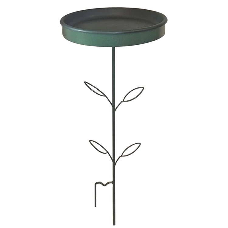 Ground Stake Bird Bath, Green, with a 17-inch round tray on a metal stand, ideal for bird bathing. Made from durable materials for easy outdoor use.