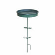 Ground Stake Bird Bath, Green, featuring a 17-inch diameter removable basin and a verdigris green powder-coated steel stand with a step-in leg for easy ground insertion.