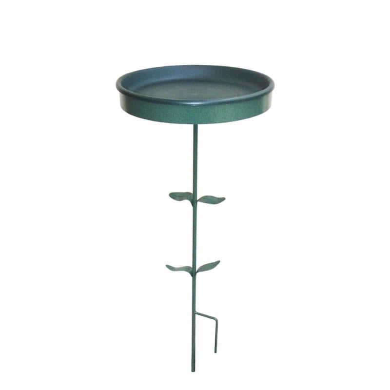 Ground Stake Bird Bath, Green, featuring a 17-inch diameter removable basin and a verdigris green powder-coated steel stand with a step-in leg for easy ground insertion.