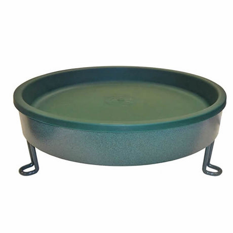 Ground Bird Bath with round green dish, supported by solid legs, featuring a 1-1/4 inch deep basin perfect for birds to bathe and drink.