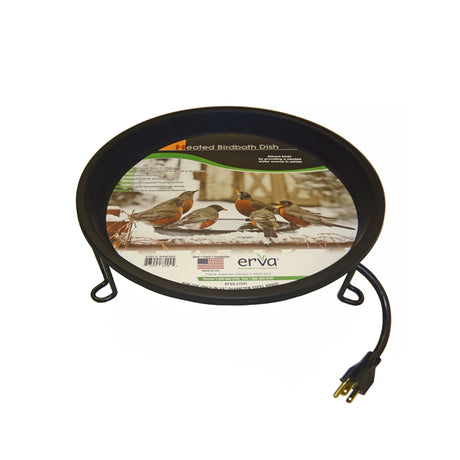 Heated Bird Bath Ground Level with black wire, round design, and steel support ring for stability, ensuring birds have drinking water in freezing temperatures.